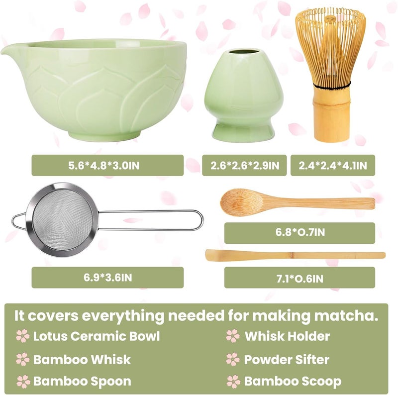 RANERANE Matcha Whisk Set, Lotus Green Ceramic Matcha Set Includes Matcha Bowl, Matcha Whisk (Chasen) and Holder, Sifter, Bamboo Scoop & Spoon - 6 Pcs Matcha Kit for Matcha Lovers - Image 2